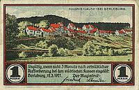 Farbiger Notgeldschein über "1 Mark" für die Einwohner der "Zigeunerkolonie" der Stadt Berleburg aus dem Jahr 1921. Abgebildet ist eine Zeichnung der Kolonie.